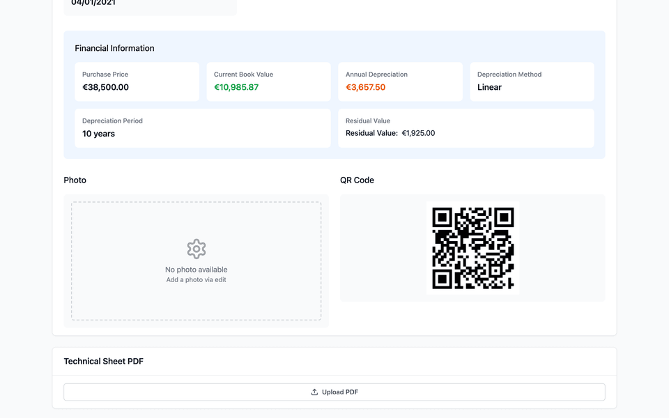 Boiler asset record: purchase price, calculated book value and depreciation, and the asset's QR code.