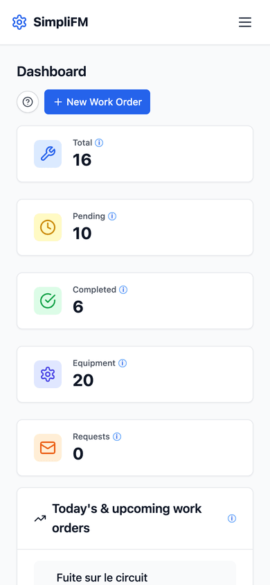 SimpliFM dashboard on a phone.