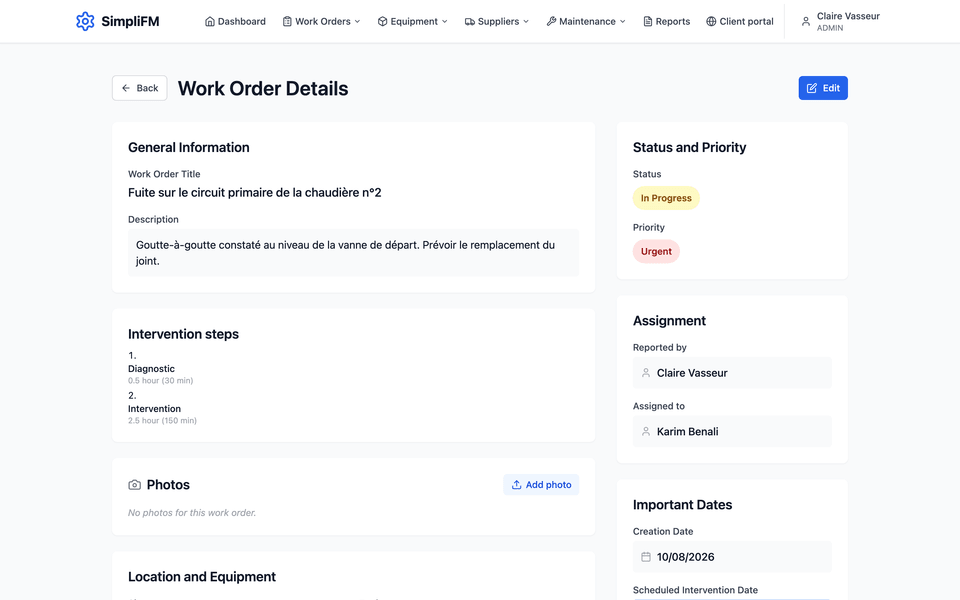 Urgent work order details: description, job steps, assigned technician, related asset and costs.