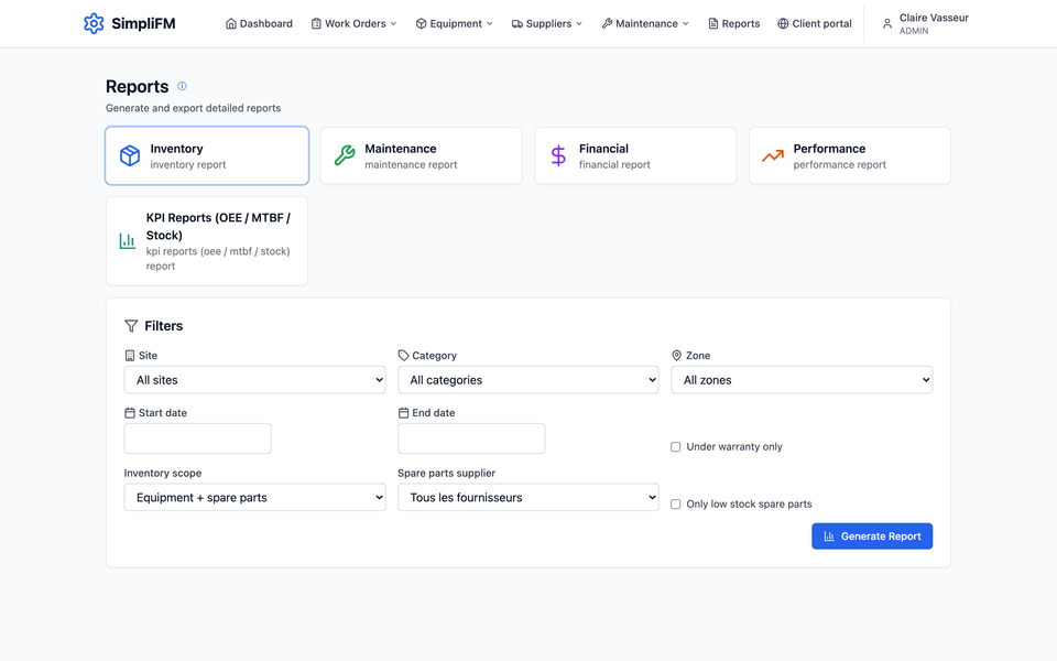 Reports screen: inventory, maintenance, financial, performance and KPIs, filtered by site, category and period.
