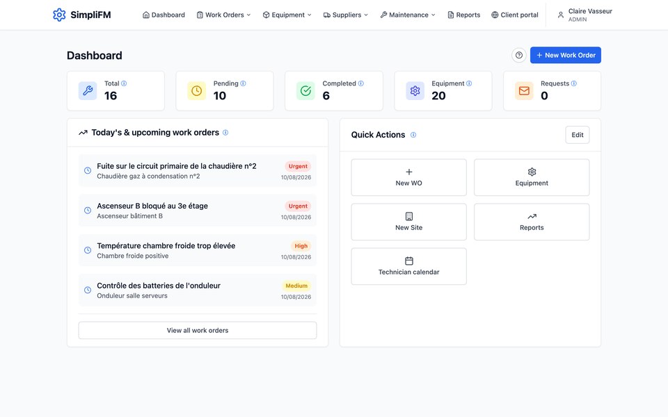 SimpliFM dashboard: 16 work orders, 10 open and 6 completed, 20 assets, and today's jobs sorted by priority.