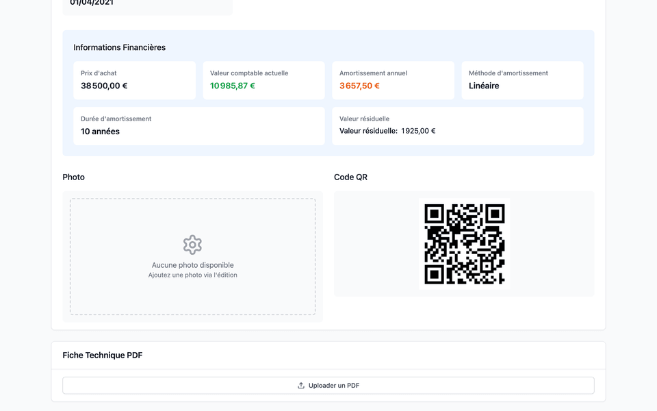 Fiche d'une chaudière : prix d'achat, valeur comptable et amortissement calculés, et QR code de l'équipement.