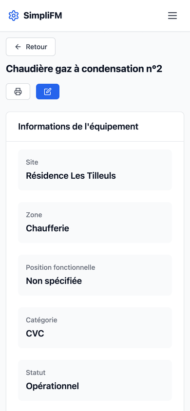Fiche équipement consultée sur téléphone.