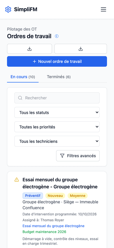 Liste des ordres de travail sur téléphone.