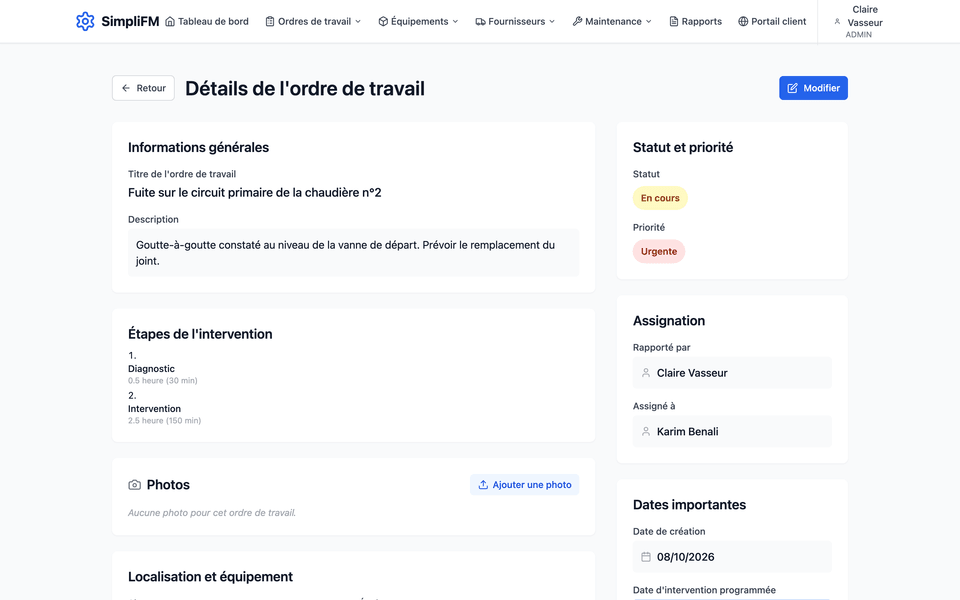 Détail d'un ordre de travail urgent : description, étapes de l'intervention, technicien assigné, équipement concerné et coûts.
