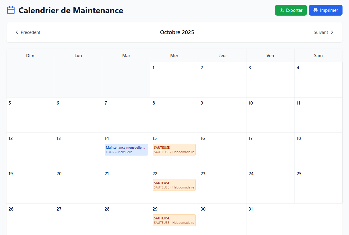 Calendrier maintenance