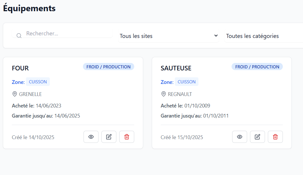 Gestion équipements